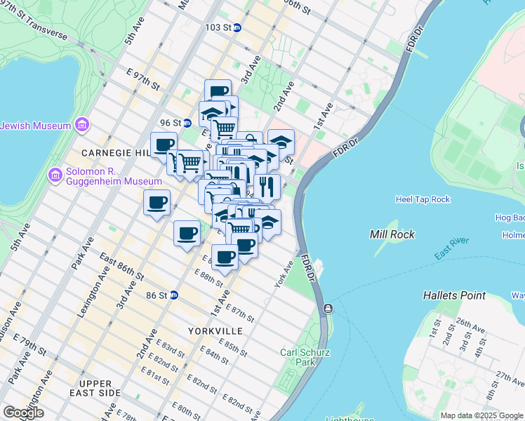 map of restaurants, bars, coffee shops, grocery stores, and more near 327 East 93rd Street in New York