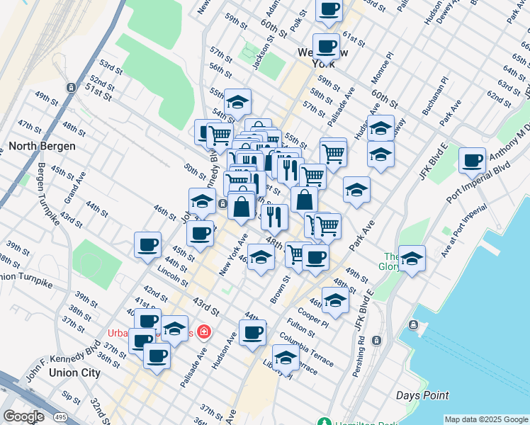 map of restaurants, bars, coffee shops, grocery stores, and more near 402 50th Street in West New York