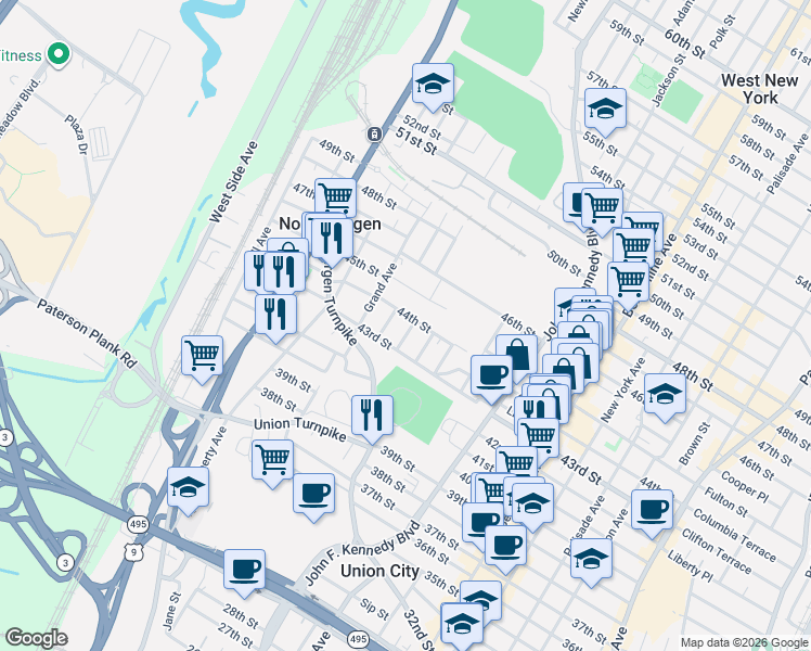 map of restaurants, bars, coffee shops, grocery stores, and more near 1410 44th Street in North Bergen