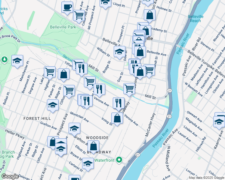 map of restaurants, bars, coffee shops, grocery stores, and more near 129 Sylvan Avenue in Newark