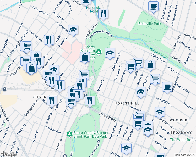 map of restaurants, bars, coffee shops, grocery stores, and more near 57 Branch Brook Place in Newark