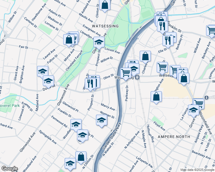 map of restaurants, bars, coffee shops, grocery stores, and more near 38 Dodd Street in East Orange