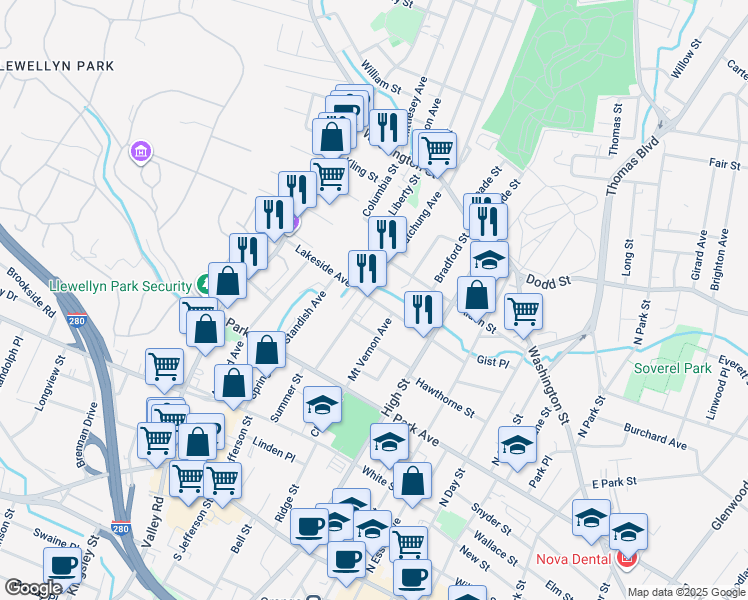 map of restaurants, bars, coffee shops, grocery stores, and more near 300 Watchung Avenue in City of Orange