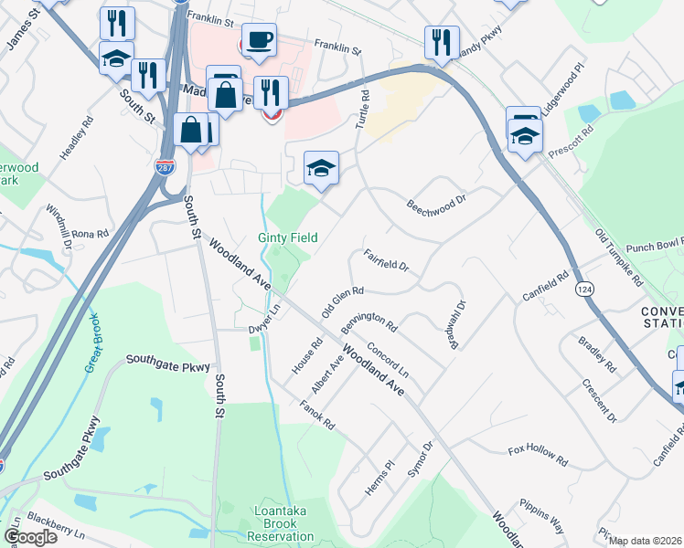 map of restaurants, bars, coffee shops, grocery stores, and more near 3 Fairfield Drive in Morristown