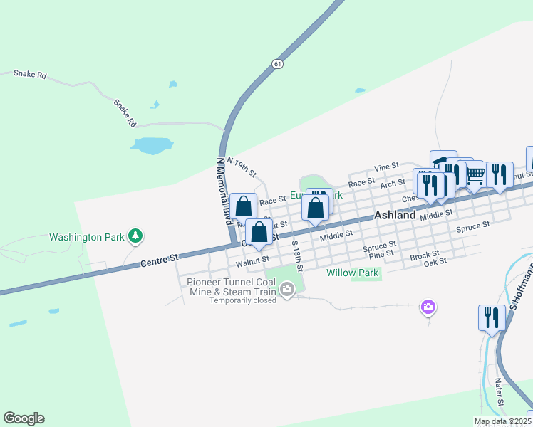 map of restaurants, bars, coffee shops, grocery stores, and more near 1829 Market Street in Ashland