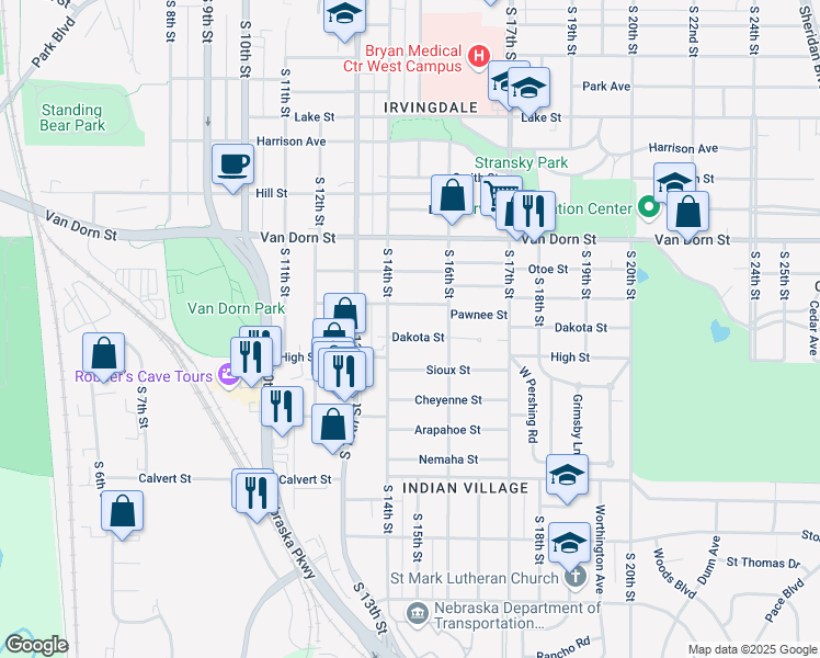 map of restaurants, bars, coffee shops, grocery stores, and more near 1438 Dakota Street in Lincoln