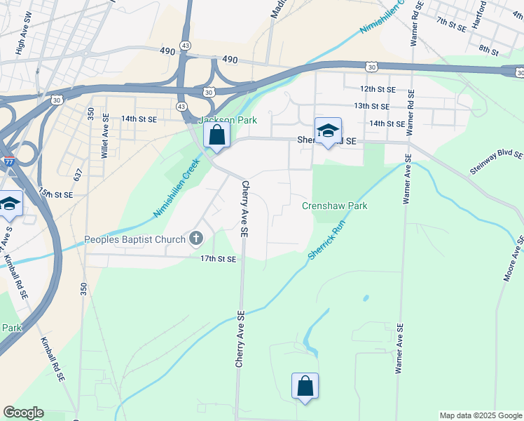 map of restaurants, bars, coffee shops, grocery stores, and more near 1547 Gateway Boulevard Southeast in Canton