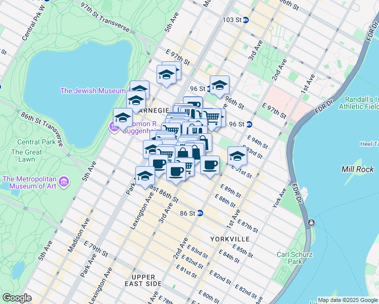 map of restaurants, bars, coffee shops, grocery stores, and more near 171 East 90th Street in New York