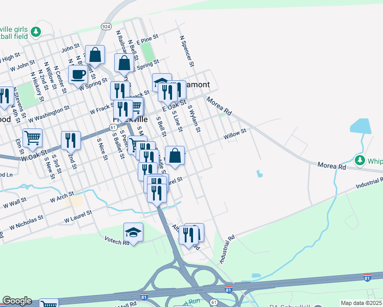 map of restaurants, bars, coffee shops, grocery stores, and more near 315 South Line Street in Frackville