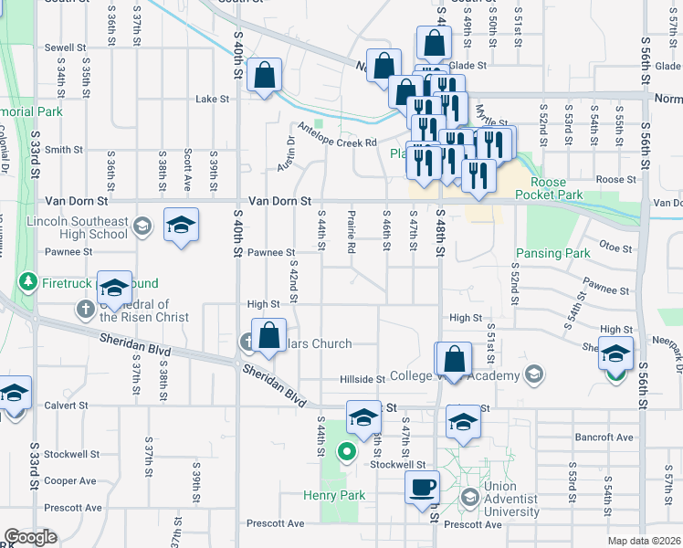 map of restaurants, bars, coffee shops, grocery stores, and more near 4433 Pawnee Street in Lincoln