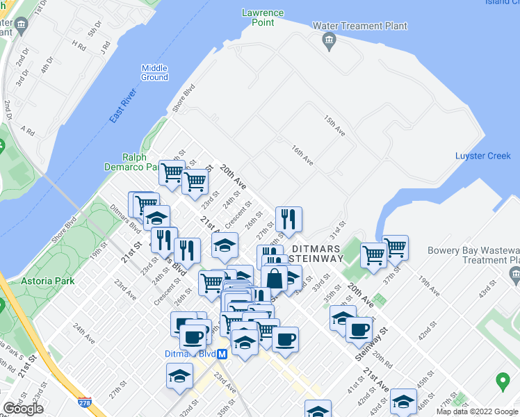 map of restaurants, bars, coffee shops, grocery stores, and more near 206 20th Avenue in Queens
