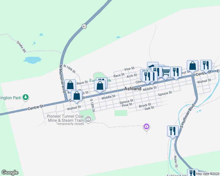 map of restaurants, bars, coffee shops, grocery stores, and more near 15th St in Ashland