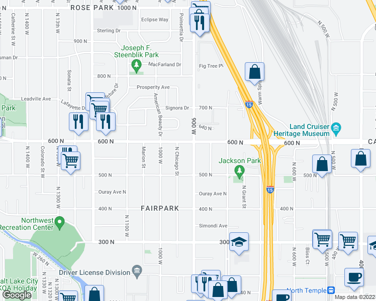 map of restaurants, bars, coffee shops, grocery stores, and more near 570 North Chicago Street in Salt Lake City