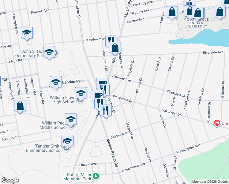 map of restaurants, bars, coffee shops, grocery stores, and more near 15 Market Street in Mastic Beach