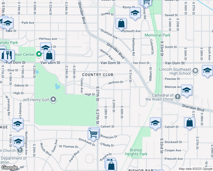 map of restaurants, bars, coffee shops, grocery stores, and more near 2809 Jackson Drive in Lincoln