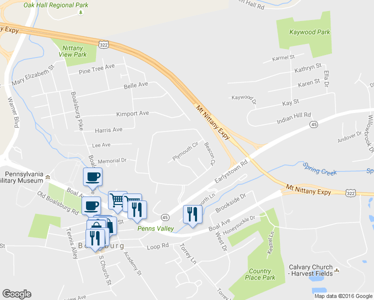 map of restaurants, bars, coffee shops, grocery stores, and more near Plymouth Circle in Boalsburg