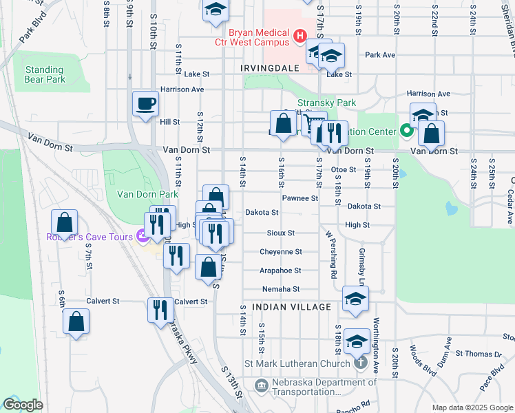map of restaurants, bars, coffee shops, grocery stores, and more near 1438 Dakota Street in Lincoln