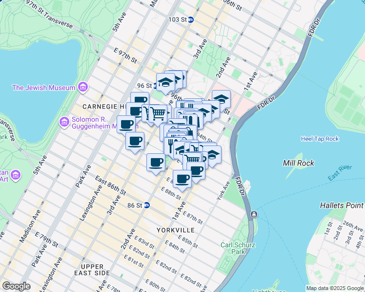 map of restaurants, bars, coffee shops, grocery stores, and more near 240 East 93rd Street in New York