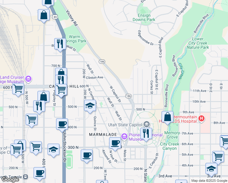 map of restaurants, bars, coffee shops, grocery stores, and more near 694 West Capitol Street in Salt Lake City