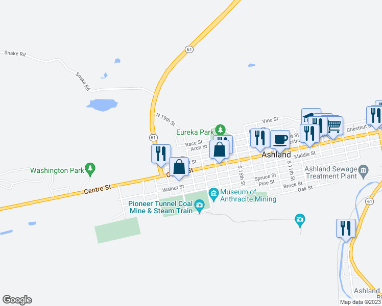 map of restaurants, bars, coffee shops, grocery stores, and more near 1829 Market Street in Ashland