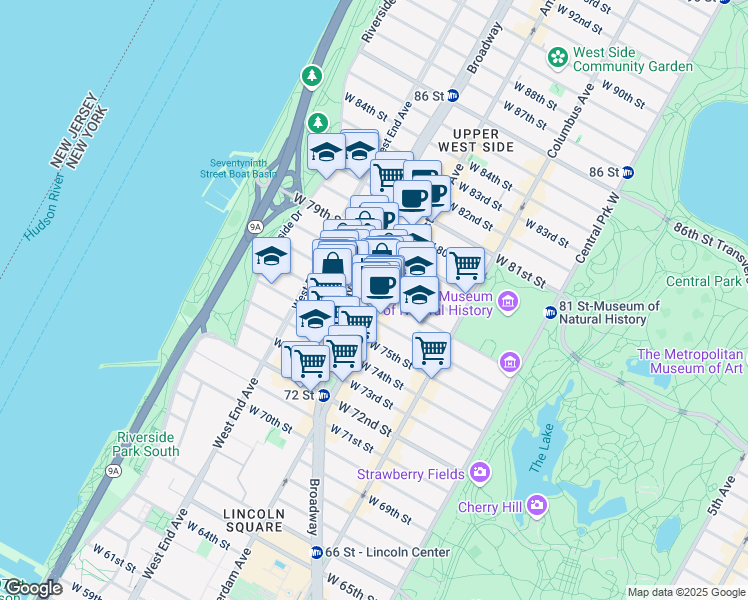 map of restaurants, bars, coffee shops, grocery stores, and more near 204 West 77th Street in New York