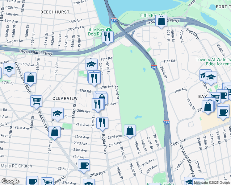 map of restaurants, bars, coffee shops, grocery stores, and more near 17-20 202nd Street in Queens