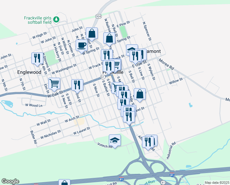 map of restaurants, bars, coffee shops, grocery stores, and more near 216 South Lehigh Avenue in Frackville