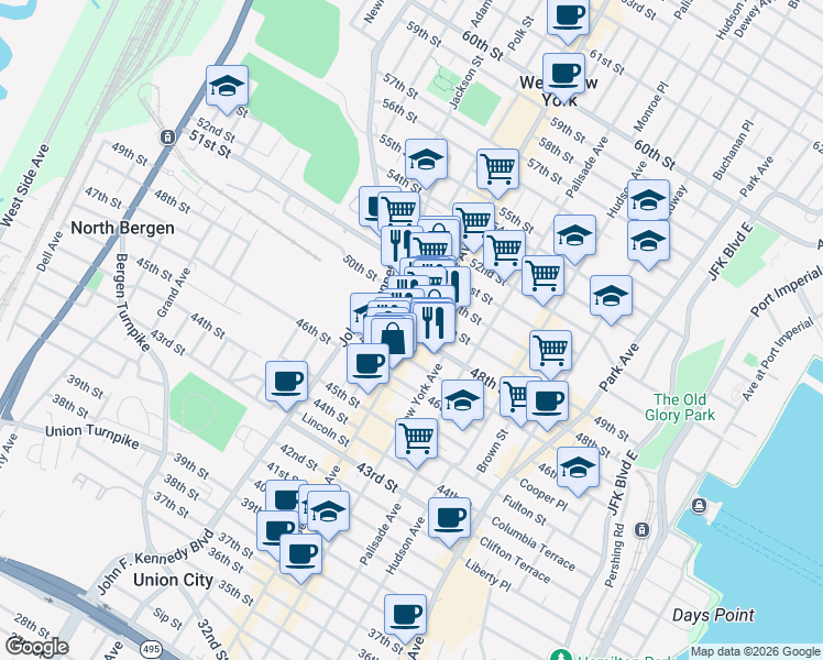 map of restaurants, bars, coffee shops, grocery stores, and more near 4811 Bergenline Avenue in Union City