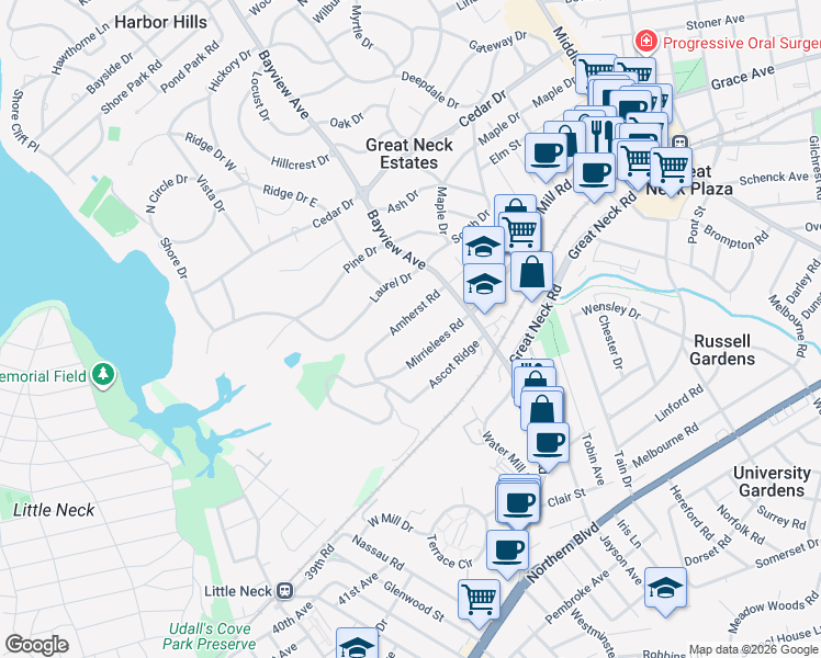 map of restaurants, bars, coffee shops, grocery stores, and more near 20 Amherst Road in Great Neck