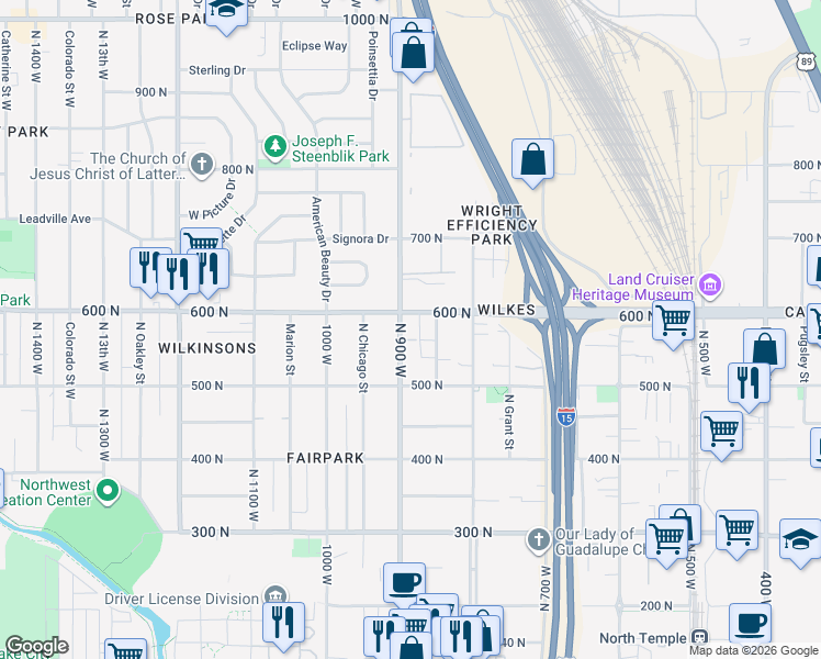 map of restaurants, bars, coffee shops, grocery stores, and more near 566 North 900 West in Salt Lake City