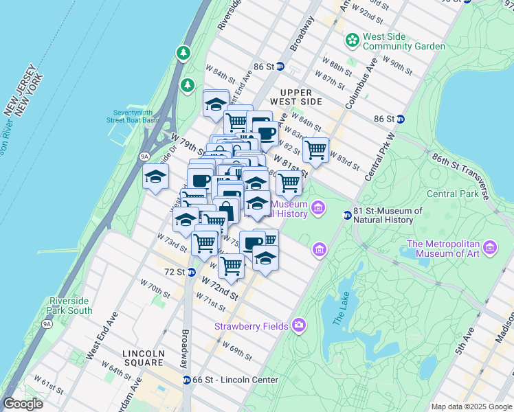 map of restaurants, bars, coffee shops, grocery stores, and more near 160 West 78th Street in New York