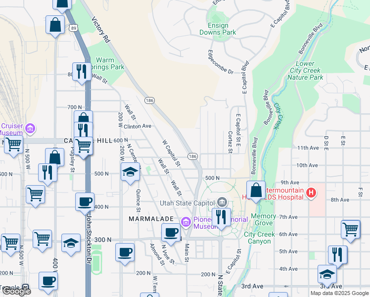 map of restaurants, bars, coffee shops, grocery stores, and more near 640 Darwin Street in Salt Lake City