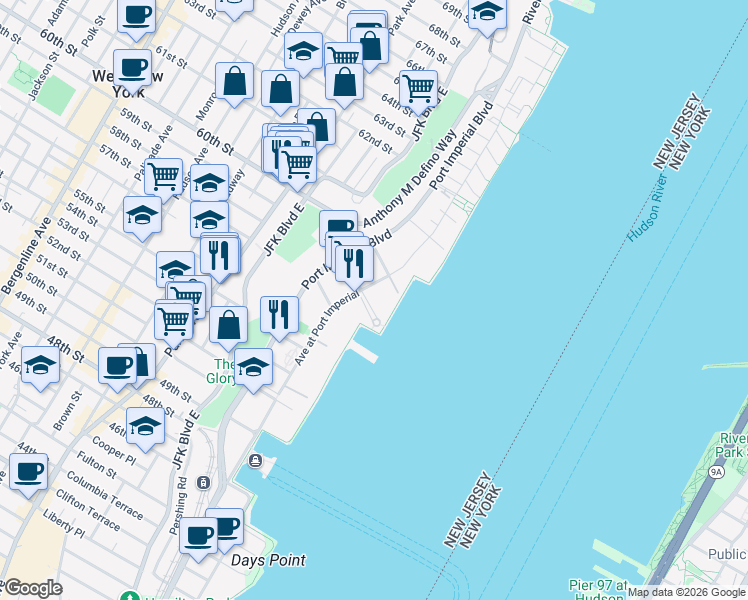 map of restaurants, bars, coffee shops, grocery stores, and more near 20 Avenue at Port Imperial in West New York