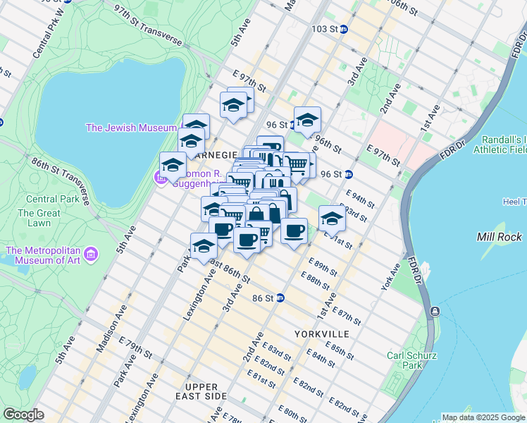 map of restaurants, bars, coffee shops, grocery stores, and more near 161 East 90th Street in New York