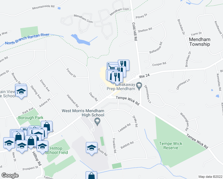 map of restaurants, bars, coffee shops, grocery stores, and more near 82 East Main Street in Mendham