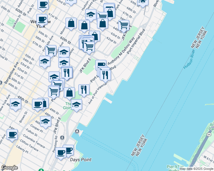 map of restaurants, bars, coffee shops, grocery stores, and more near 20 Avenue at Port Imperial in West New York