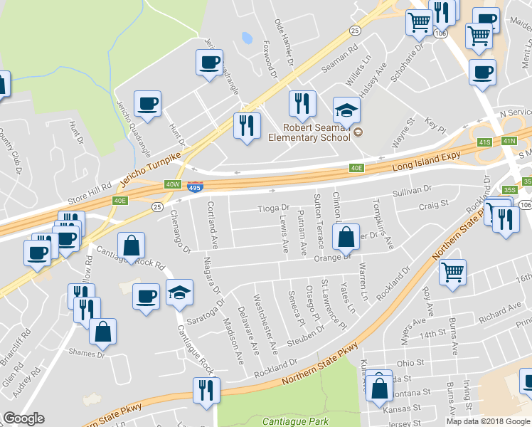 map of restaurants, bars, coffee shops, grocery stores, and more near 19 Tioga Drive in Jericho