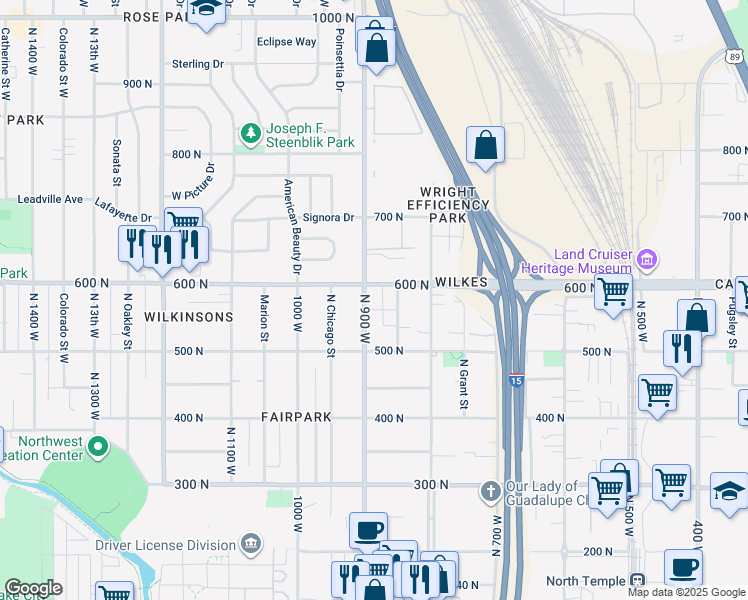 map of restaurants, bars, coffee shops, grocery stores, and more near 566 North 900 West in Salt Lake City