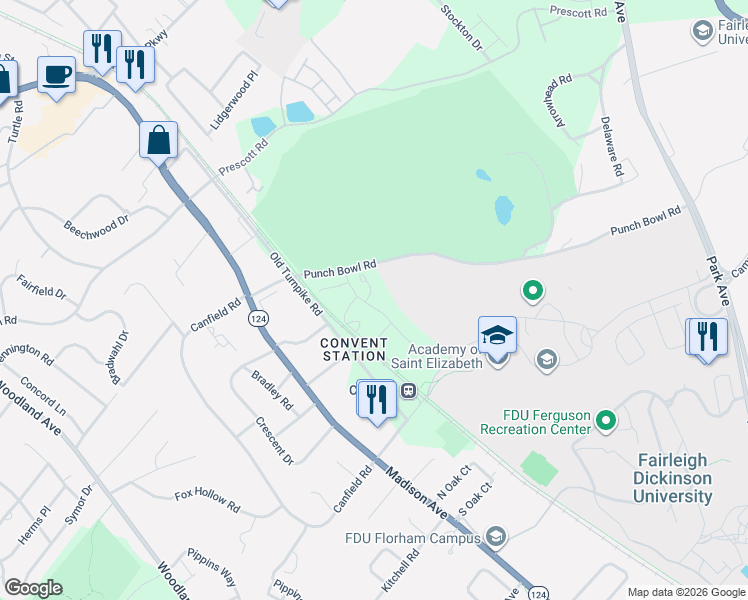 map of restaurants, bars, coffee shops, grocery stores, and more near 4 Northbridge Place in Morristown