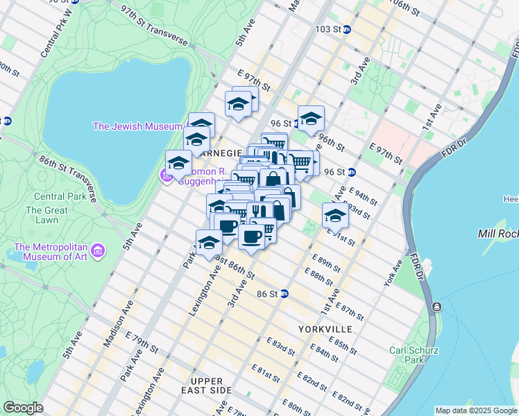 map of restaurants, bars, coffee shops, grocery stores, and more near 153 East 90th Street in New York