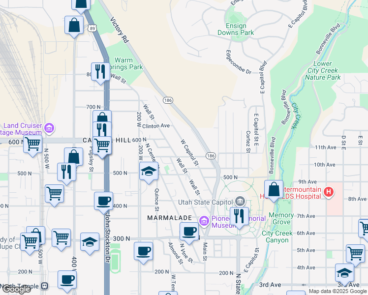 map of restaurants, bars, coffee shops, grocery stores, and more near 581 North Westcapitol Street in Salt Lake City
