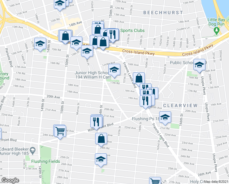 map of restaurants, bars, coffee shops, grocery stores, and more near Private Drive in Queens