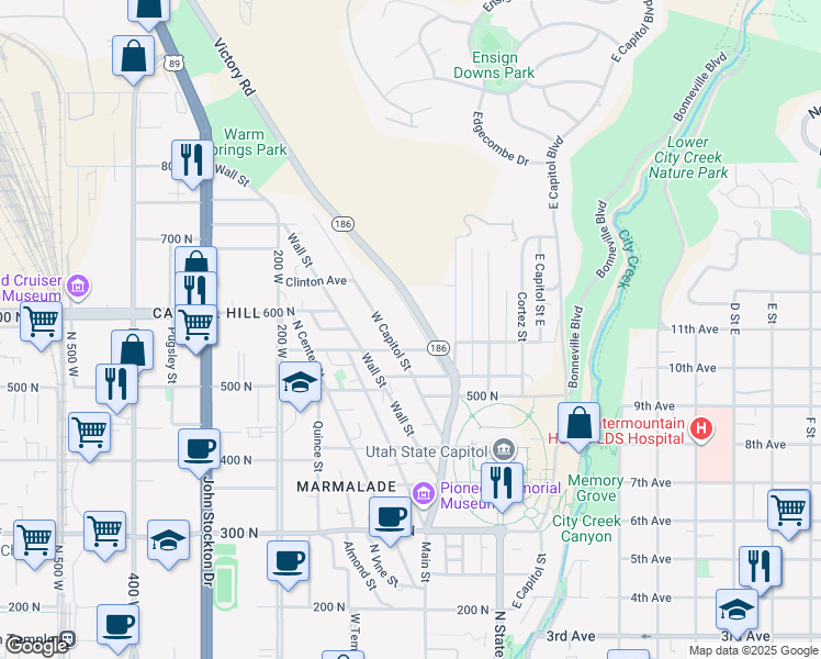 map of restaurants, bars, coffee shops, grocery stores, and more near 640 Darwin Street in Salt Lake City