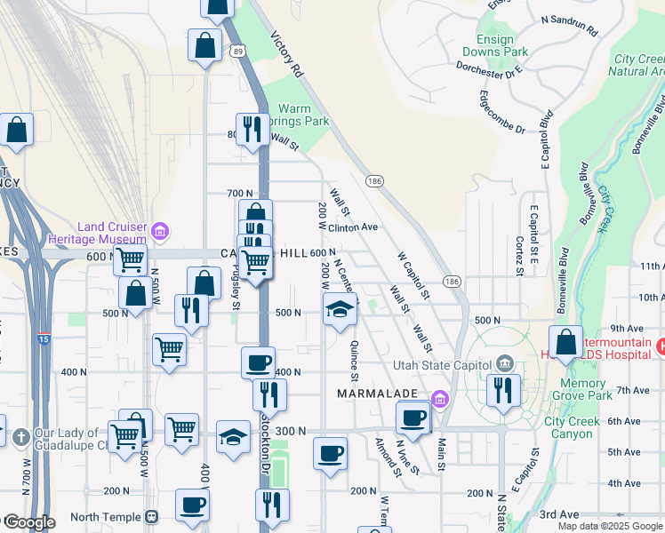 map of restaurants, bars, coffee shops, grocery stores, and more near 575 North 200 West in Salt Lake City