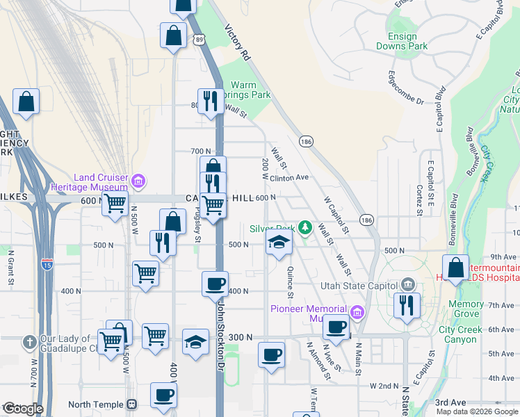 map of restaurants, bars, coffee shops, grocery stores, and more near 575 North 200 West in Salt Lake City