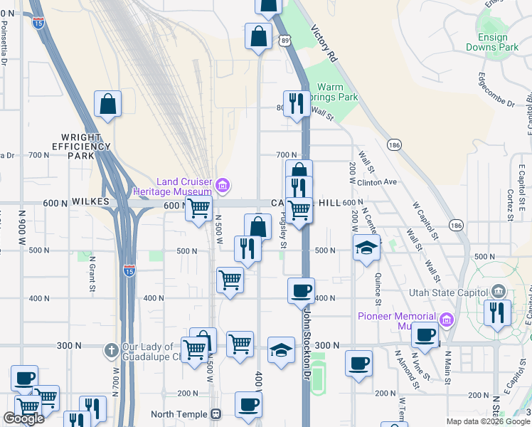 map of restaurants, bars, coffee shops, grocery stores, and more near 359 600 North in Salt Lake City