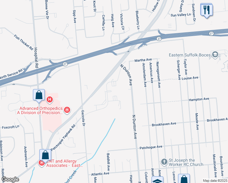 map of restaurants, bars, coffee shops, grocery stores, and more near 1 Brookwood Lane in East Patchogue