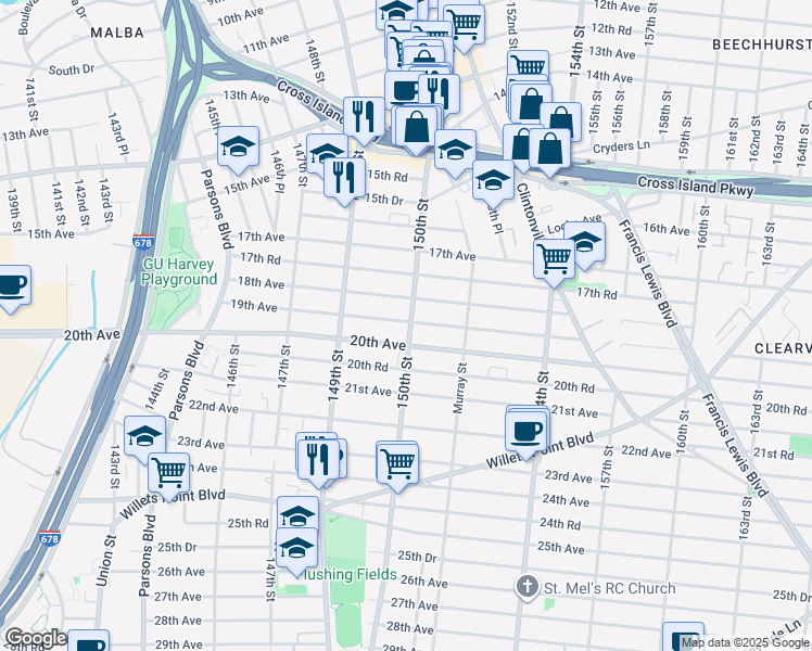 map of restaurants, bars, coffee shops, grocery stores, and more near 149-48 19th Avenue in Queens