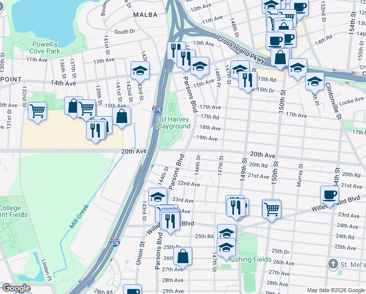 map of restaurants, bars, coffee shops, grocery stores, and more near 19-71 Parsons Boulevard in Queens