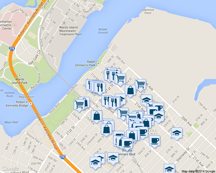 map of restaurants, bars, coffee shops, grocery stores, and more near 19-25 21st Road in Queens